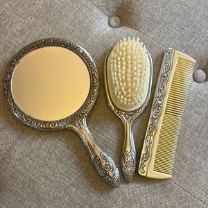 Elegant Silver Vanity Set with Mirror, Brush, and Comb